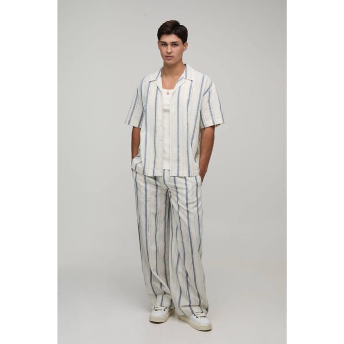 Lichtgewicht Geweven Gazen Gestreept Oversized Shirt & Baggy Broek Set | Navy | Size Medium