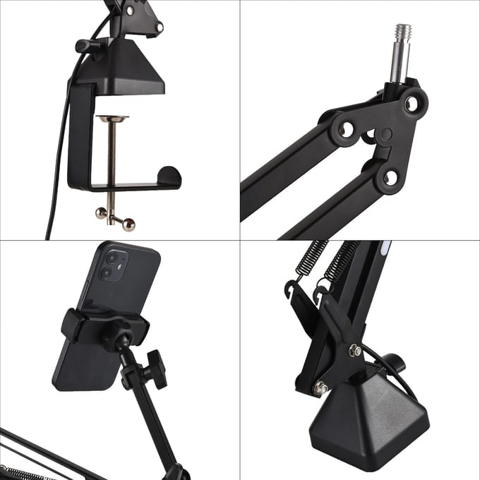 Support de microphone avec perche et support de téléphone, éclairage à 120 LED RVB, luminosité réglable noir