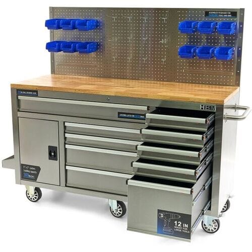 HBM werkbank 158 cm met 10 laden, deur en achterwand, RVS