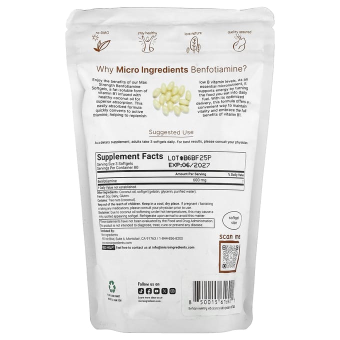 Micro Ingredients, Benfotiamine, 240 Softgels (200mg per softgel)