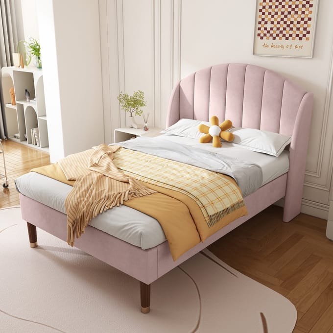 MODFU - Bedframe 90x200 cm – Roze fluweel met hoog hoofdbord – Lattenbodem
