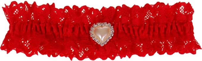Kousenband Rood met Kant en Hartvorm Parel met Strass - Grote Maat