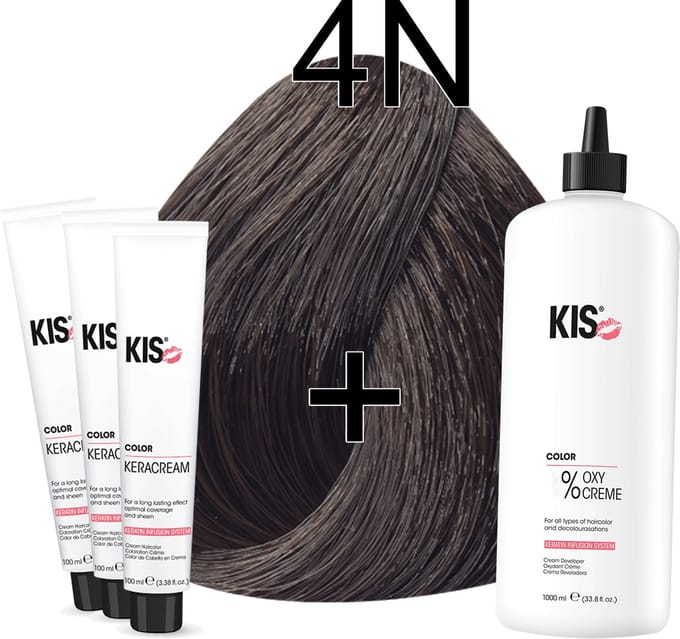 Kis KeraCream Color - 100ml - Haarverf Set - 4N Middelbruin | KIS - (3 x haarverf & 1L waterstofperoxide)