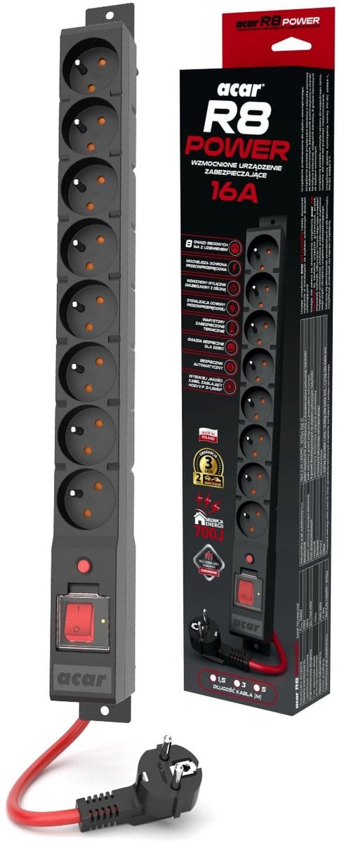 Acar R8 POWER - Stekkerdoos - 3m - 16A - 3680W - Zwart