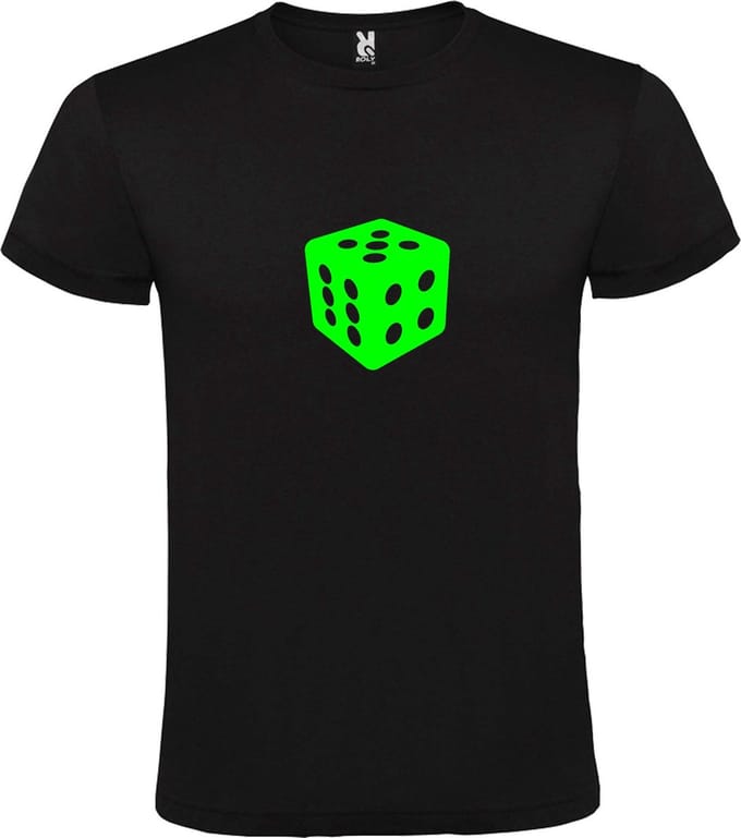 Zwart T-Shirt met “ Dobbelsteen “ afbeelding Neon Groen Size M