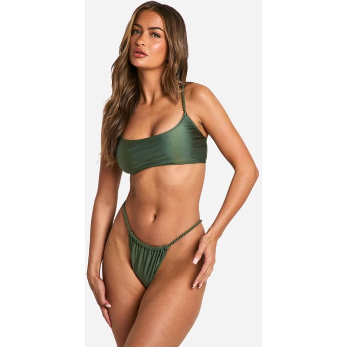 boohoo Dames Gevlochten Gerimpelde Bikinislips | Kaki | Maat: 44
