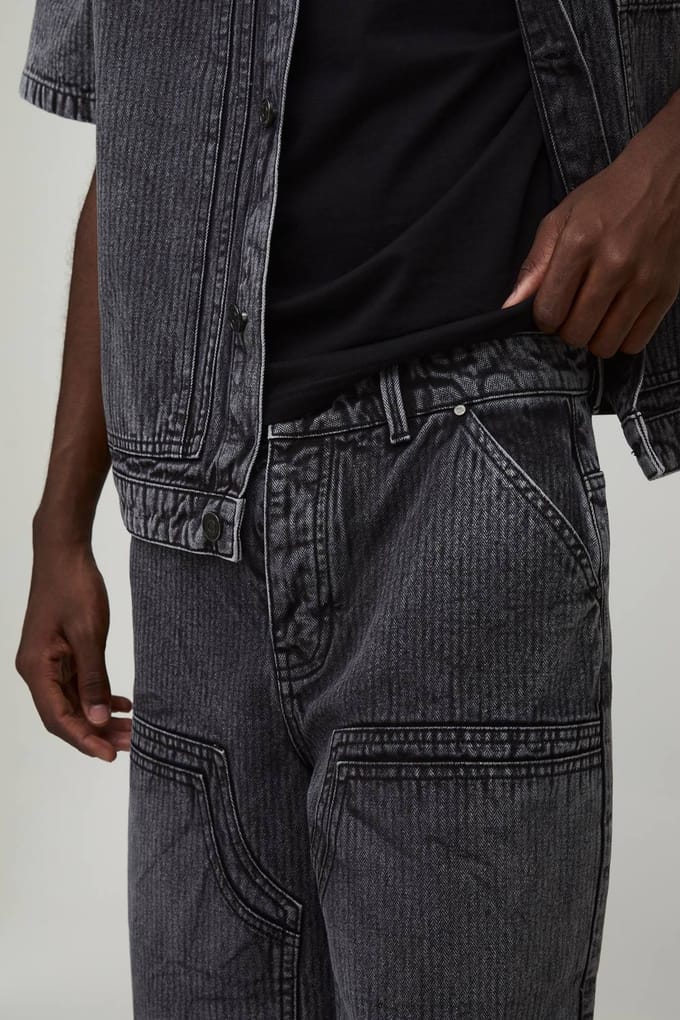 Herringbone Denim Double Carpenter Longline Jorts | Washed Black | Size 46R