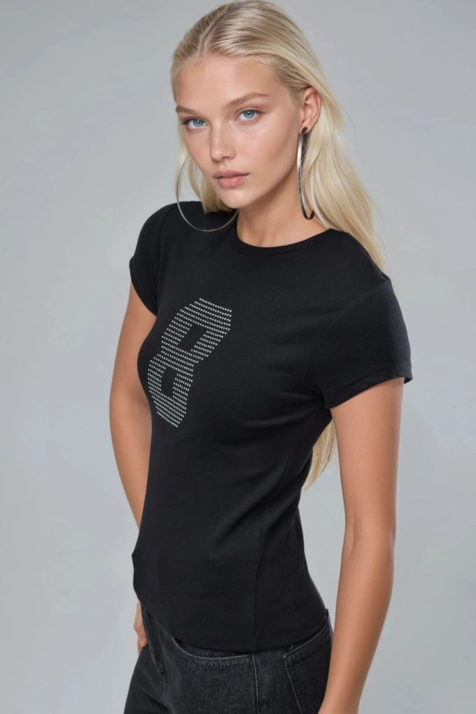 Korte Mouw Stretch Gebreide T-Shirt met Steen Detail