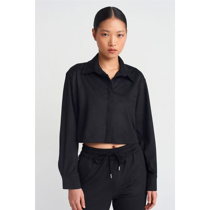 Dames Geplooide Faux Suede Knop Shirt