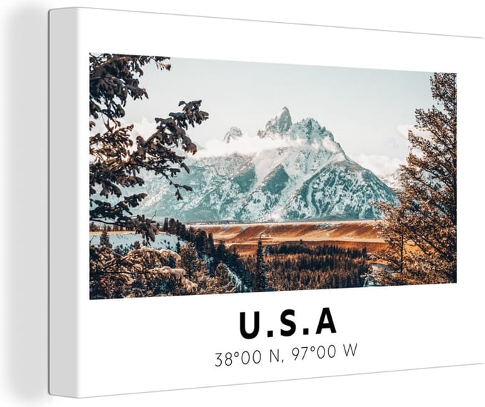 Canvas Schilderij Amerika - Bergen - Winter - Bos - 30x20 cm - Wanddecoratie