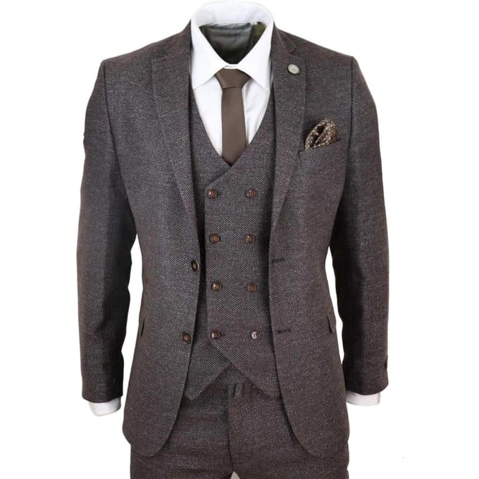 Heren Bruin Wol 3-delige Pak Dubbel Breasted Tweed Peaky Blinders 1920