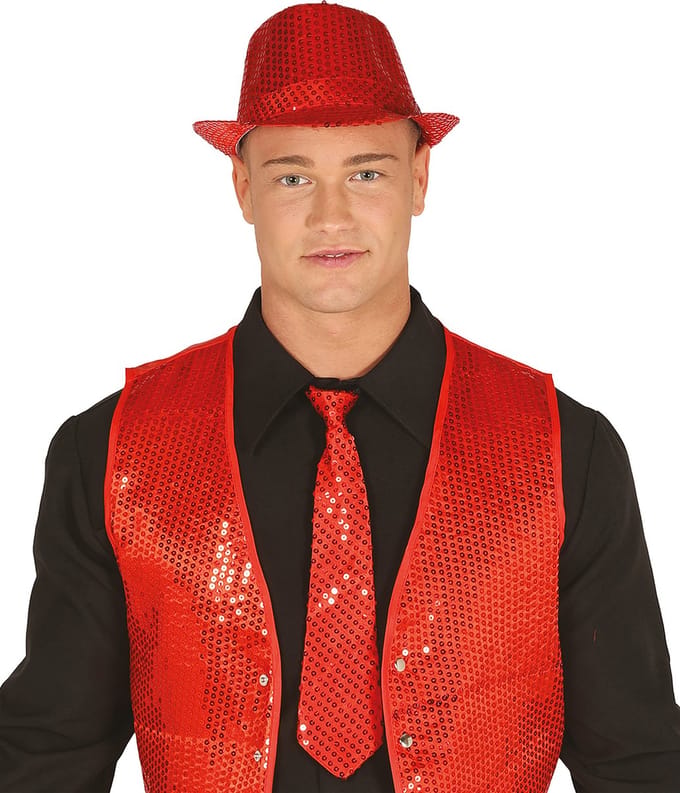 Fiestas Guirca Carnaval verkleed stropdas en hoed - rood - pailletten - volwassenen