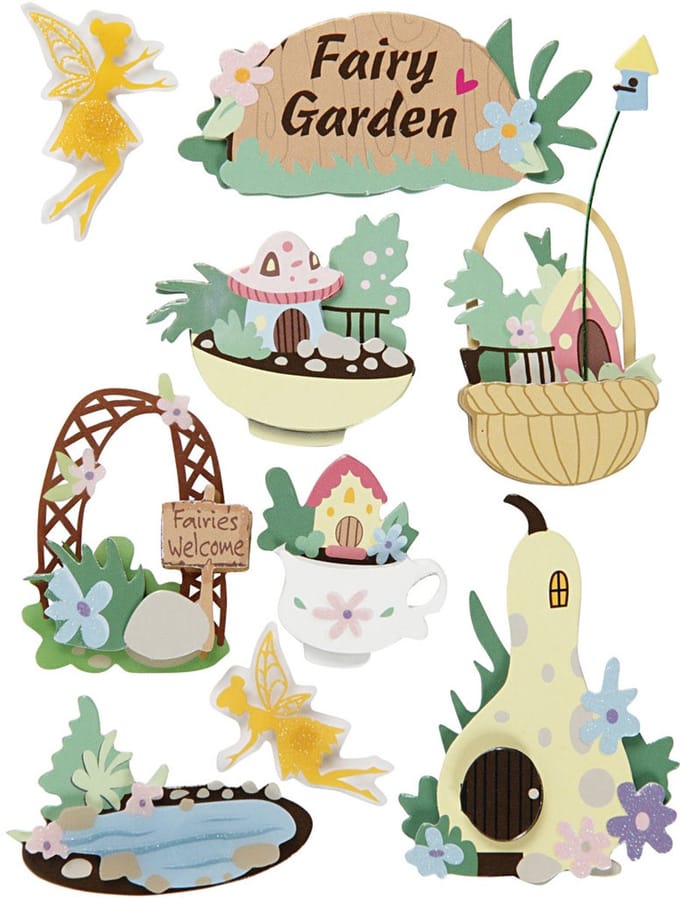 3D stickers, feeën tuin, H: 32-64 mm, B: 30-55 mm, dikte 7 mm, 9 stuk