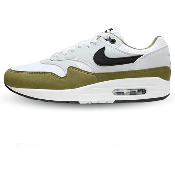 Baskets Nike Air Max 1 Medium Olive Homme Blanc Noir Platine Pur FD9082-102 38.5
