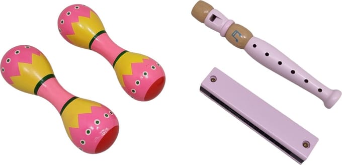 Houten blokfluit mondharmonica en 2 maracas sambaballen roze