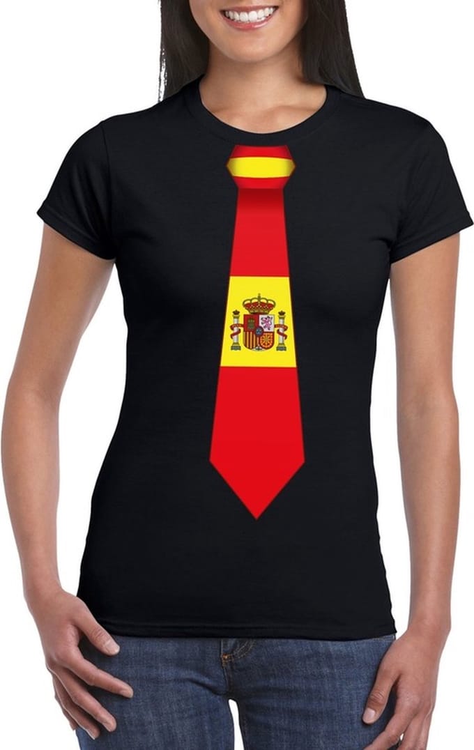 Zwart t-shirt met Spaanse vlag stropdas dames - Spanje supporter L