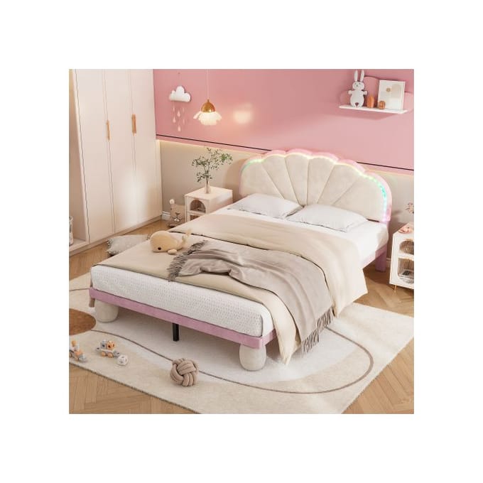 Gestoffeerd bed met verwisselbare veelkleurige lichtstrips, fluweel, beige + roze, 140x200 cm