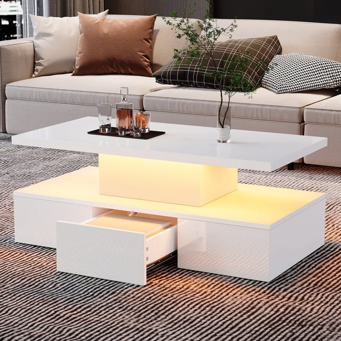 PHOEBE CAT Salontafel - LED-verlichting - Hoogglans - Open displayplanken - Met lades - Wit