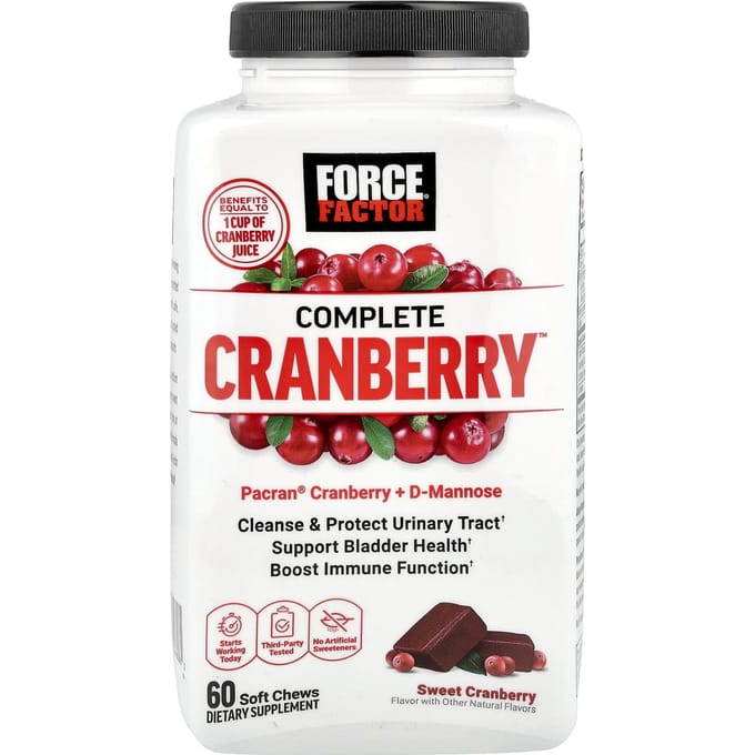 Force Factor Canneberge, d-mannose et vitamine C, canneberge douce, 60 gommes à mâcher molles