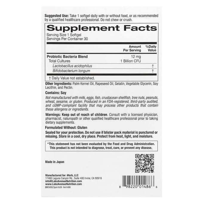 Lake Avenue Nutrition, Probiotische Mini's, 2 Gezonde Bacteriën, 1 Miljard CFU, 30 Mini Softgels