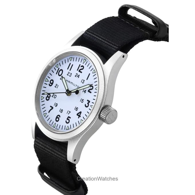 Hamilton Khaki Field Textiel Band Witte Wijzerplaat Automatisch H69439910 Herenhorloge wit