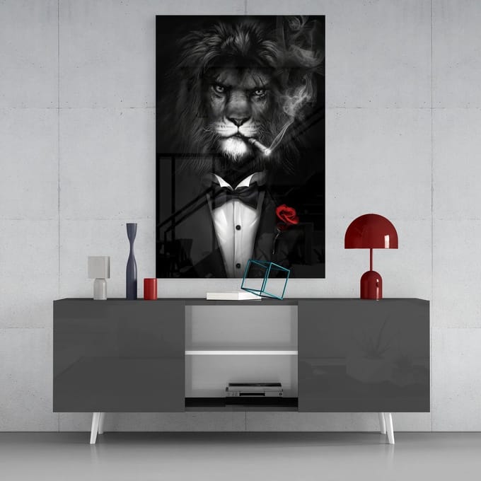 Glasschilderij - Dieren - Meneer de Leeuw - 72x46 cm - 4 mm