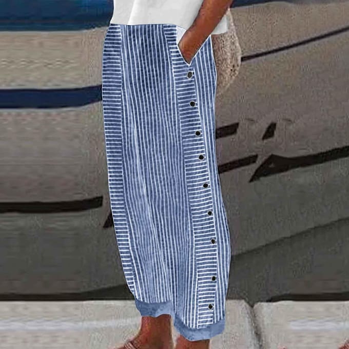 Dames Streep Broek Lang Elastische Taille Casual Los Recht Wijde Pijpen Broek Grote Maten S wit