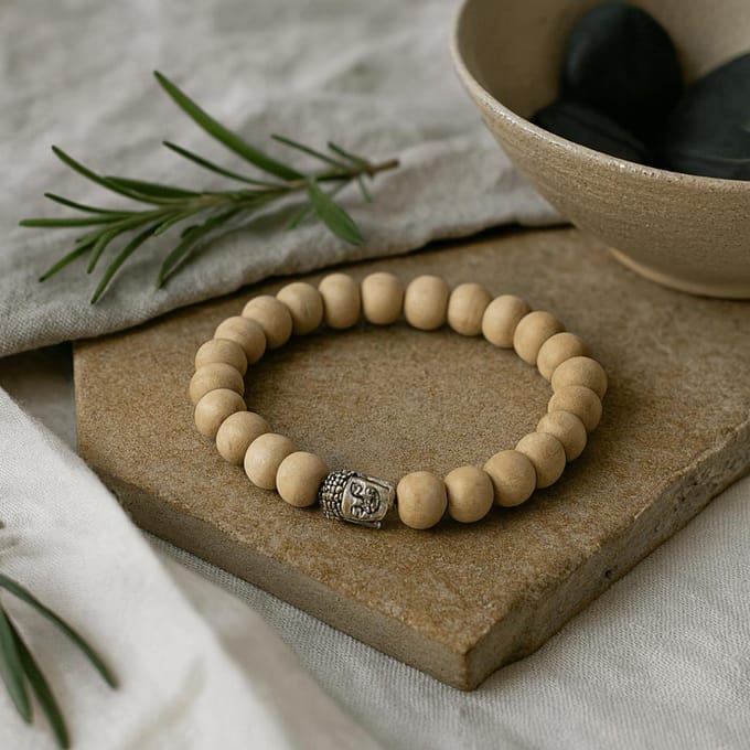 Geurige sandaalkralen en Boeddha-bangle- 3 stuks