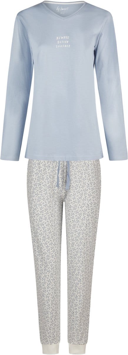 By Louise Dames Pyjama Set Lang V-Hals Blauw Gebloemd - Maat M