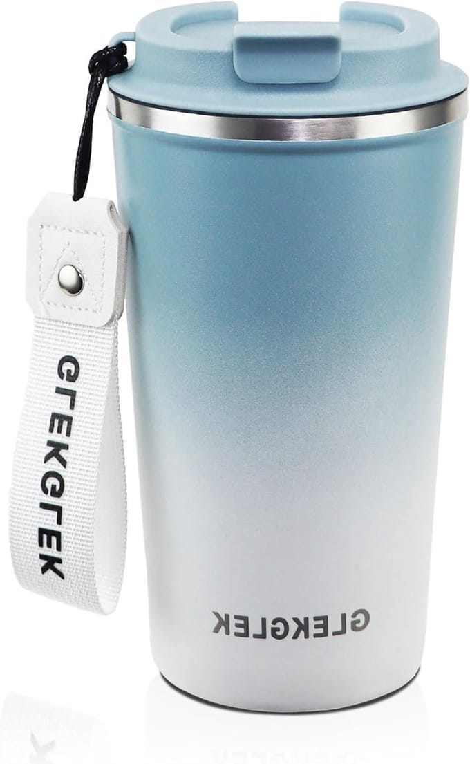 Thermische Reismok 510ml van RVS voor Heet Drankjes met Deksel en Handgreep - Blauw Witte Gradient