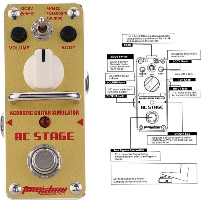 AROMA AAS 3 AC Simulateur de Guitare Acoustique de Scène Mini Pédale d'Effet pour Guitare Électrique Simple avec True Bypass gray