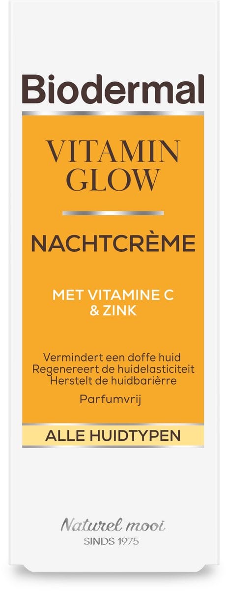 Biodermal Vitamin Glow Nachtcrème, 50 ml - Nacht crème met Vitamine C en Zink, Vermindert een doffe huid, Regenereert de huidelasticiteit, Herstelt de huidbarrière, Parfumvrij, alle huidtypen