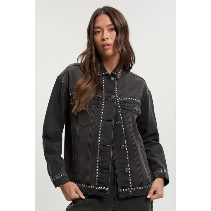 boohoo Dames Oversized denimjack met studs | Washed Black | Maat: 16
