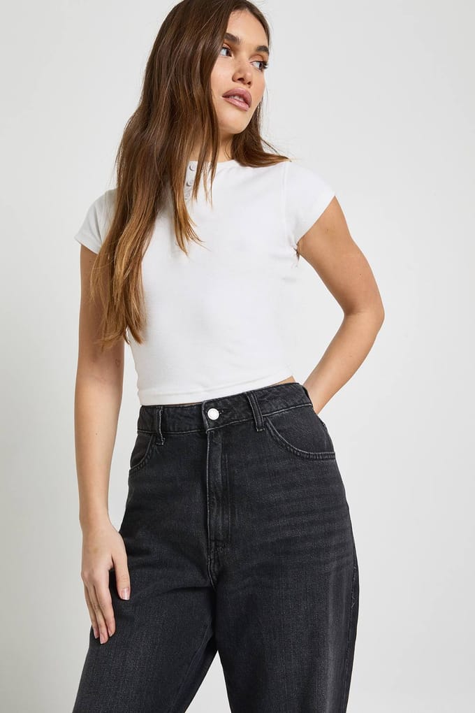 boohoo Dames Basics Hoge Taille Mom Jeans | Washed Black | Maat: 16/30L