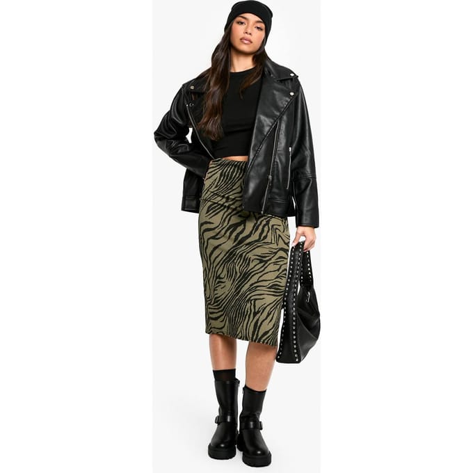 boohoo Dames Zebraprint geribde midi-rok met split aan de zijkant | Khaki | Maat: 6
