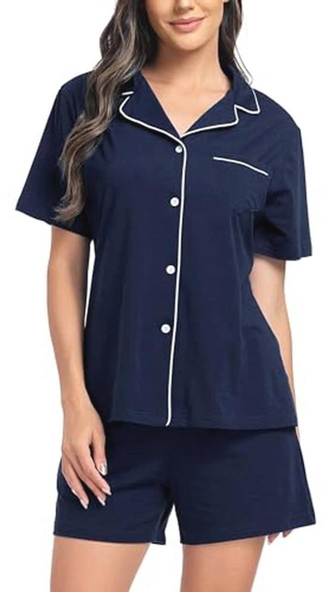 Katoenen Korte Pyjama Set voor Dames met Knopen en Zakken