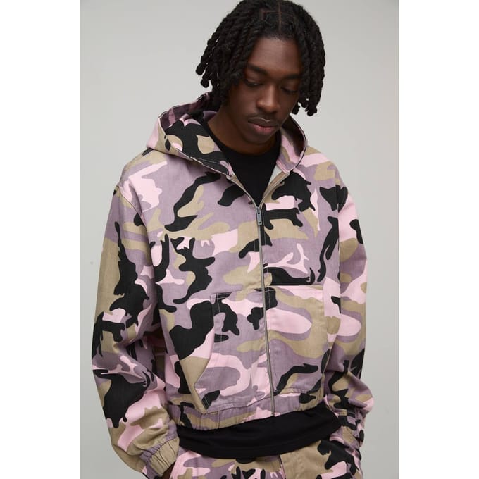 Oversized Crop Camo Twill Hooded Overshirt | Pink | Size Small