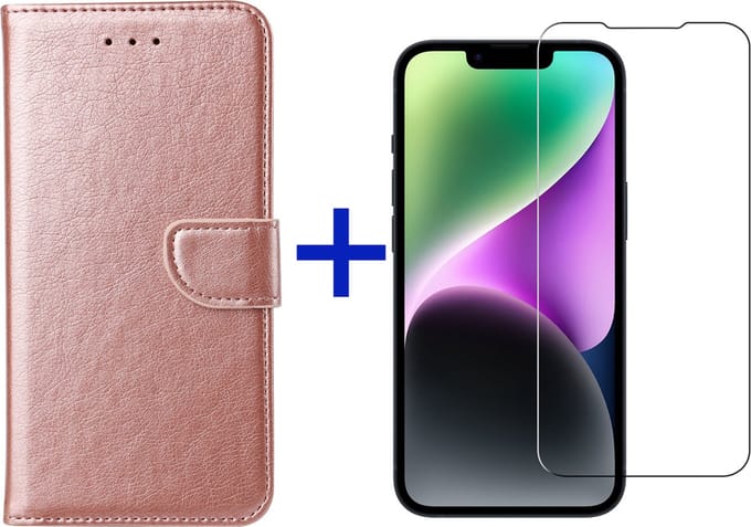 iPhone 14 hoesje bookcase met pasjeshouder + screenprotector voor iPhone 14 - Rosegoud