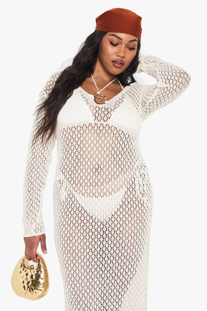 boohoo Dames Plus Gebreide Rand Detail Strand Maxi Jurk | Ecru | Maat: 16