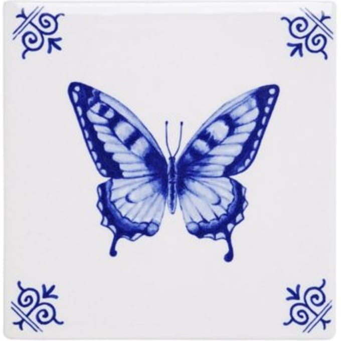 Heinen delfts blauw tegel - vlinder