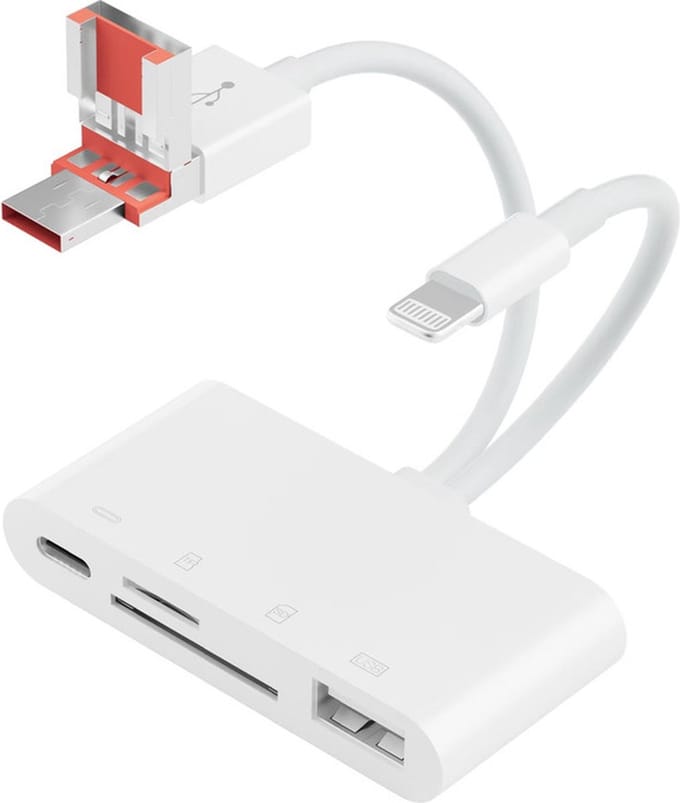 8-Pin + USB + USB-C naar USB-C + SD + Micro SD (TF) + USB kaartlezer adapter kabel - cardreader - geschikt voor o.a. iPhone en Laptop - wit