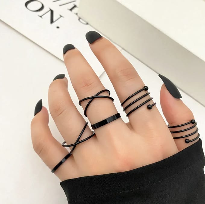Hiden - Zwarte Ringen - Set - Sieraden - Mode & Fashion - Rock - Punk - 6 ringen