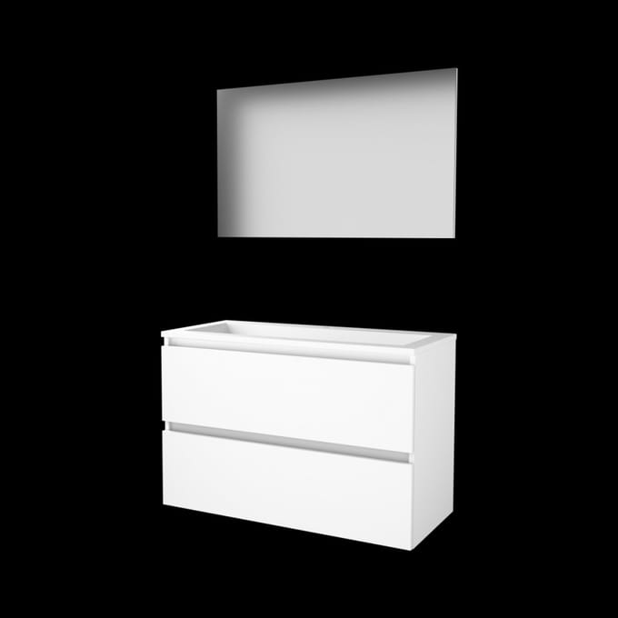 Basic-Line Basic 46 Badkamermeubelset - 100 x 46 cm - Greeploos - 2 Lades - Acryl Wastafel - 1 Kraangat - Spiegel - Ice White