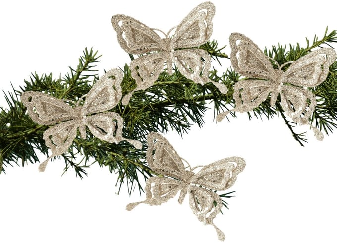 Kerstboomversiering Vlinder - 4x - 14 cm - champagne glitter - op clip - ornament