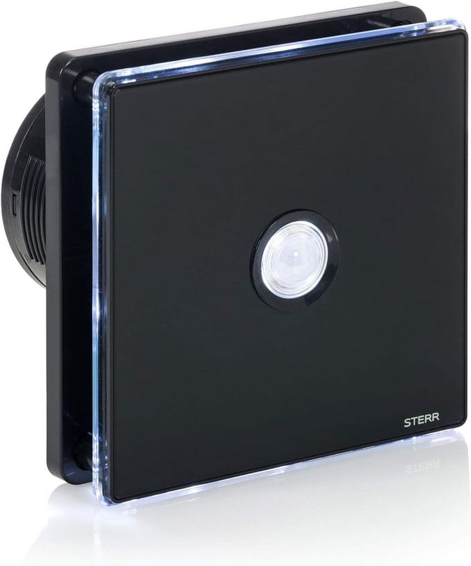Zwarte Badkamerventilator 100 mm met LED en Bewegingssensor, Glazen Front