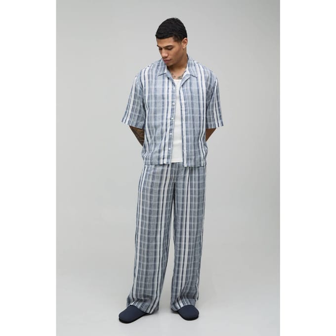 Lichtgewicht Katoenen Gaas Gestreepte Oversized Shirt & Relaxed Broek Set | Navy | Size Medium