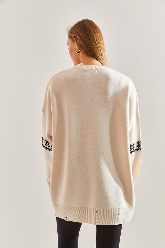 Lange Oversized Gebreide Trui met Patroon en Ronde Hals