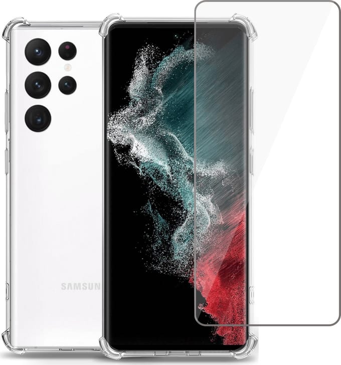 Hoesje geschikt voor Samsung S22 Ultra + Screenprotector – Full Screen Tempered Glass - Extreme Shock Case Transparant