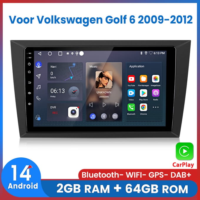 Awesafe Autoradio Geschikt Voor Volkswagen Golf 6 2009 t/m 2012 - Android 14 - Draadloos Apple Carplay & Android Auto - 2GB + 64GB - 4 Core processor - Bluetooth & Wifi GPS Navigatie - 2009 2010 2011 2012