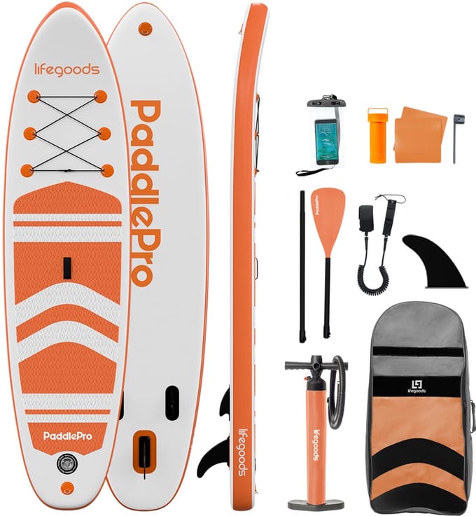 LifeGoods PaddlePro SUP Board - Opblaasbaar Paddle Board - Complete Set - Max. 150KG - 320x81cm - Wit/Oranje
